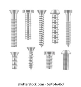 Realistic Screw Icon Set Different Shapes Detailed Construction Hardware Equipment Stainless Metallic Fixing Element. Vector illustration