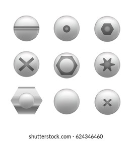 Realistic Screw, Nuts and Bolt Cap or Head Icon Set Different Shapes Detailed Construction Hardware Equipment Stainless. Vector illustration