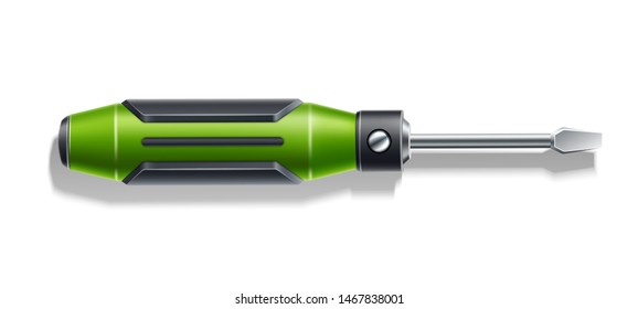 Realistic screwdriver with green handle. Chrome repairing service tool. Domestic handwork instrument. Vector handycraft worker, contractor, carpenter tool. Labour day holiday design.