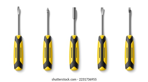 Realistic screwdrivers. Home worker tools with different heads. Cross, flat, insulating handles, hand repair instrument. Construction instruments. Top view 3d isolated elements utter vector set