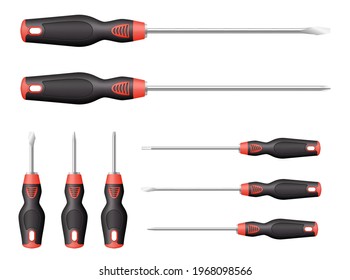 Realistic screwdrivers set with black plastic handles. Hand tools for maintenance, home repair equipment and construction. 3d vector illustration