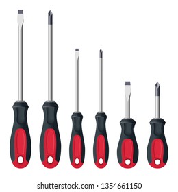 Realistic screwdrivers set isolated on white background. Hand tools for repair and construction. Small and large, Crosshead and flathead phillips screwdrivers, Vector illustration