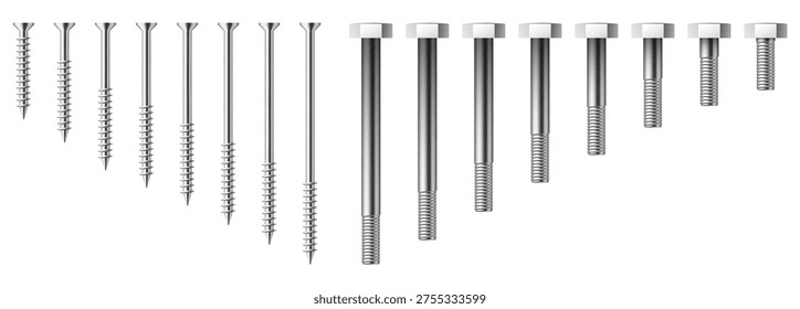 Realistic screws and bolts of various sizes. Silver rivets side view. Hardware assortment. Stainless steel self-tapping fastening. Carpentry tool. Vector set of steel fasteners on white background