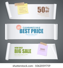 Realistic scroll paper banners on clearance sale theme with best price and limited time only headlines vector illustration