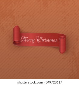 Realistic scroll red Label with Merry Christmas Text on cardboard Background. Vector Illustration