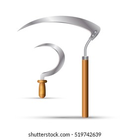 Realistic scythe and sickle isolated on white background. Scythe and sickle with wooden handle. Tools symbol.