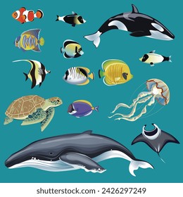 Realistic sea animals. Ocean fish, shark and turtle, jellyfish and others.