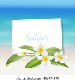 Realistic Sea Background. Tropical Flower. Beach. Card for Text. Vector