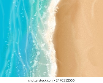 Realistic sea beach top view. Sand shore ocean wave coastline beautiful aerial background, sandy desert marine foam texture tropical coast, travel tourism exact vector illustration of beach ocean