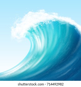 Realistic Sea Big Wave With White Foam On Crest And Splashes On Blue Background Vector Illustration  