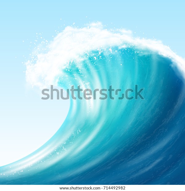 青の背景にリアルな海の大波と波紋 白い泡 水しぶき のベクター画像素材 ロイヤリティフリー