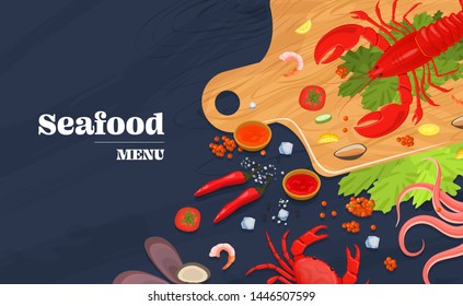 Realistic sea food top view background. Fish restaurant seafood dishes food cooked from fish meat on a cutting board. Restaurant seafood menu vector isolated illustration