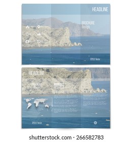 Realistic sea landscape. Brochure, tri-fold flyer or booklet for business. Modern trendy design vector templates on both sides.