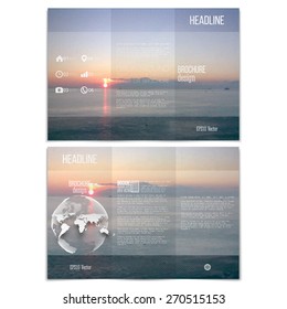 Realistic sea landscape. Brochure, tri-fold flyer or booklet for business. Modern trendy design vector templates on both sides