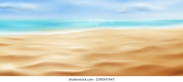 Realistic sea or ocean beach background with sand, water and clouds on sky. Panoramic vector illustration of horizon and shore with sandy texture. Tropical landscape with coastline for summer vacation