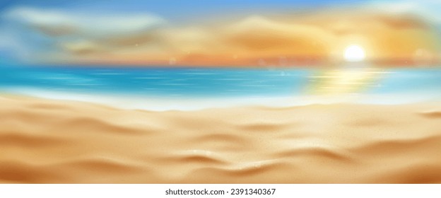 Realistic sea or ocean beach background with sand, water with foam and sun on cloudy sky. Panoramic vector of seashore with sandy texture. Tropical landscape with coastline for summer resort.