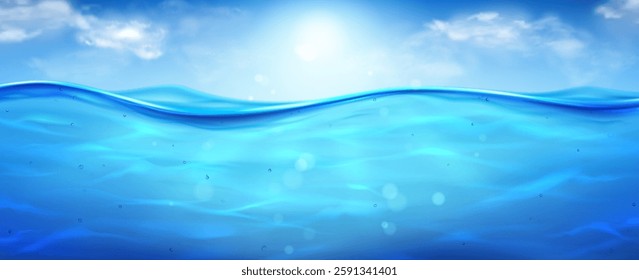 Realistic sea or ocean water surface. Vector illustration of water surface level with sun rays, underwater air bubbles, sunlight reflections, clouds on sky. Water surface of ocean, sea, river or lake.