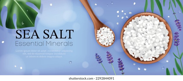 Realistic sea salt poster with top view of spoon and mug full of salt with text vector illustration