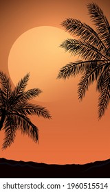Realistic sea sunset on the background of palm trees - Vector illustration