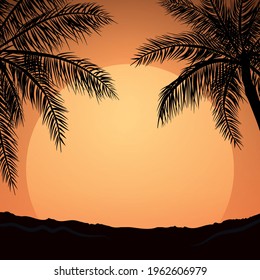 Realistic sea sunset on the background of palm trees - Vector illustration