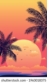 Realistic sea sunset on the background of palm trees - Vector illustration