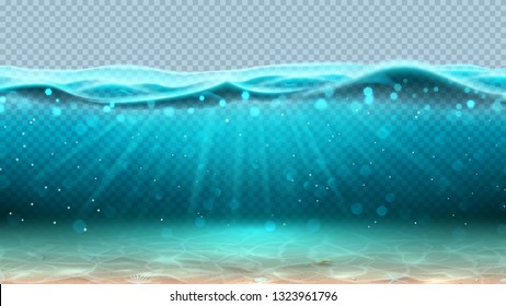 Realistic sea underwater scene with transparent waves. Vector illustration. Realistic ocean scene with seashells. Banner with horizontal water surface.