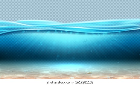 Realistic sea underwater scene with transparent waves. Vector illustration. Realistic ocean landscape with seashells and sunbeams. Banner with horizontal sea water surface.