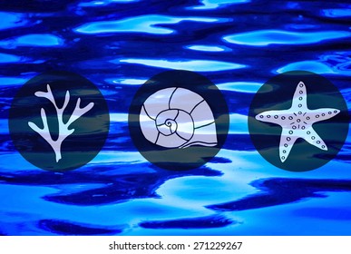 Realistic sea waves background with circular caption. Template for web sites and other projects with travel and sea imagery.