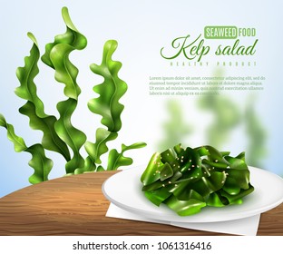 Realistic Sea Weed Salad On White Plate On Wooden Table, Blurred Background With Kelp, Vector Illustration