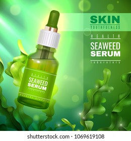 Realistic sea weeds, skin care cosmetics, vial of serum with kelp, product advertising green background vector illustration