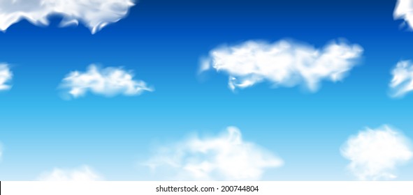 Realistic seamless blue sky with fluffy clouds. Vector illustration. Repeat design. 