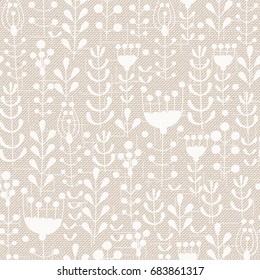 Realistic seamless cotton sailcloth texture. Abstract rough sackcloth fabric with flowers, berries and leaves. Beige linen canvas texture. Vector design.