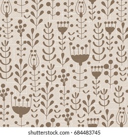 Realistic seamless cotton sailcloth texture. Abstract rough sackcloth fabric with flowers, berries and leaves. Beige linen canvas texture. Vector design.