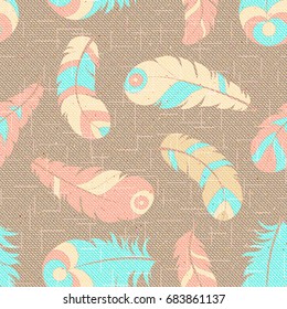 Realistic seamless cotton texture with feathers. Abstract rough sackcloth tribal fabric. Beige linen canvas texture. Vector design.