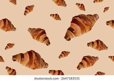 Padrão croissant sem emenda realista no fundo bege quente. Padaria, pastelaria, pães franceses