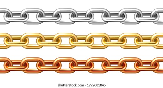 Realistic seamless golden, silver and bronze chains isolated on white background. Metal chain with shiny gold plated links. Vector illustration.