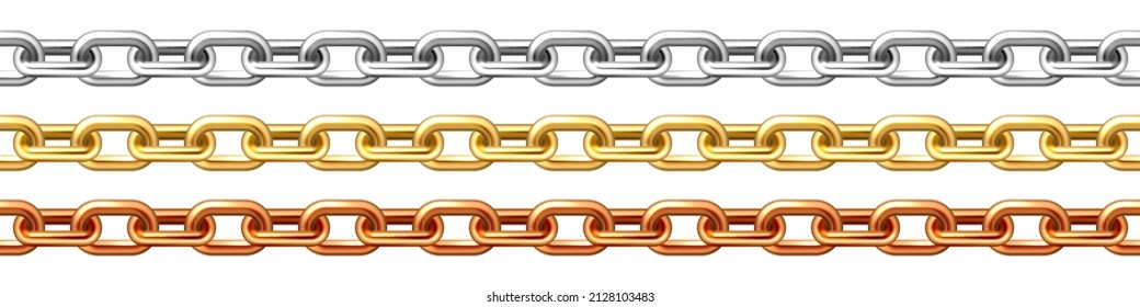 Cadenas realistas de oro, plata y bronce sin fisuras aisladas de fondo blanco. Cadena de metal con eslabones resplandecientes recubiertos de oro. Ilustración vectorial.