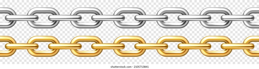 Realistic seamless golden and silver chains on checkered background. Metal chain with shiny gold plated links. Vector illustration.