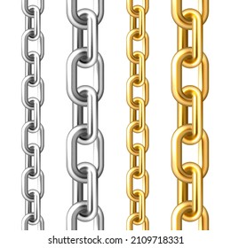 Realistic seamless golden and silver chains isolated on white background. Metal chain with shiny gold plated links. Vector illustration.