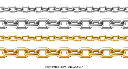 Realistic seamless golden and silver chains isolated on white background. Metal chain with shiny gold plated links. Vector illustration.