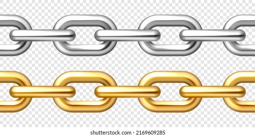 Realistic seamless golden and silver chains on checkered background. Metal chain with shiny gold plated links. Vector illustration.