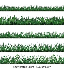 Realistic seamless horizontal border set with green grass and leaves isolated on white background vector illustration