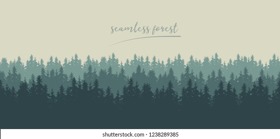 Realistic seamless illustration of silhouettes of green coniferous spruce or fir forest, under winter sky - vector
