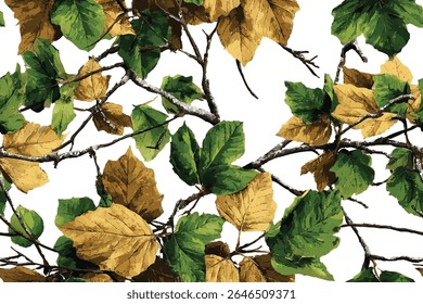 Realistic seamless leaf pattern with branches, perfect for wallpapers, apparel, outdoor gear, and rustic home decor