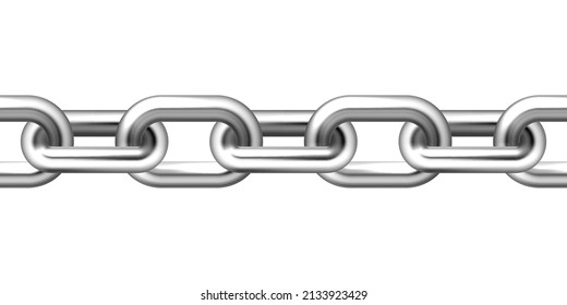 Realistic seamless metal chain with silver links isolated on white background. Vector illustration.