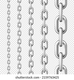 Realistic seamless metal chain with silver links on checkered background. Vector illustration.