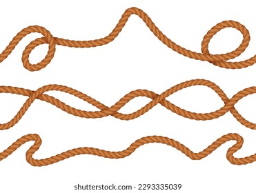 Realistic seamless pattern made up of curve jute hemp or silk ropes at white background vector illustration