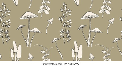 Realistic seamless pattern with poisonous mushrooms and forest plants, hand-drawn vector illustration