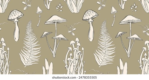 Realistic seamless pattern with poisonous mushrooms and forest plants, hand-drawn vector illustration