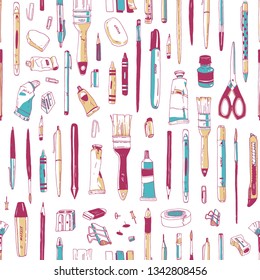 Realistic seamless pattern with stationery, writing utensils, tools for artist or art supplies hand drawn on white background. Vector illustration in vintage style for wrapping paper, fabric print.